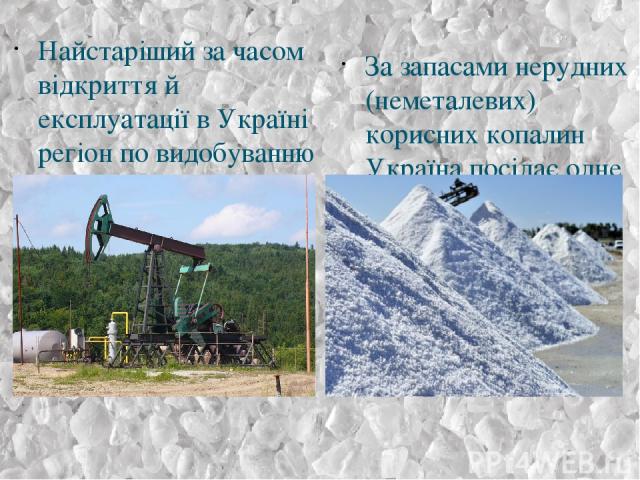 Найстаріший за часом відкриття й експлуатації в Україні регіон по видобуванню нафти — це Карпатський нафтовидобувний регіон. За запасами нерудних (неметалевих) корисних копалин Україна посідає одне з провідних місць у світі.