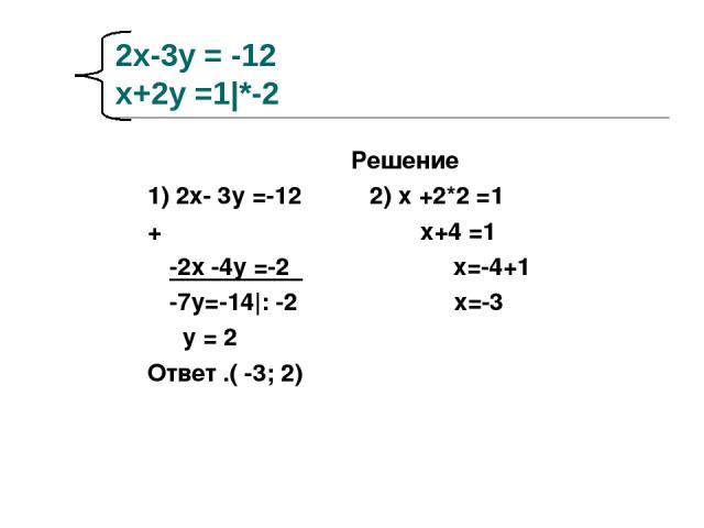 2х-3у = -12 х+2у =1|*-2 Решение 1) 2х- 3у =-12 2) х +2*2 =1 + х+4 =1 -2х -4у =-2 х=-4+1 -7у=-14|: -2 х=-3 у = 2 Ответ .( -3; 2)