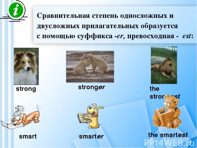 Сравнительная степень односложных и двусложных прилагательных образуется с помощью суффикса -er, превосходная - est: strong stronger the strongest smart smarter the smartest
