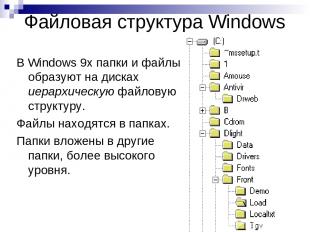 Файловая структура Windows В Windows 9х папки и файлы образуют на дисках иерархи
