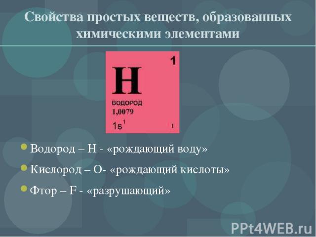 Свойства простых веществ, образованных химическими элементами Водород – H - «рождающий воду» Кислород – O- «рождающий кислоты» Фтор – F - «разрушающий»