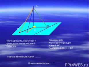 В С А К Н Перпендикуляр, наклонная и проекция связаны теоремой Пифагора Теорема