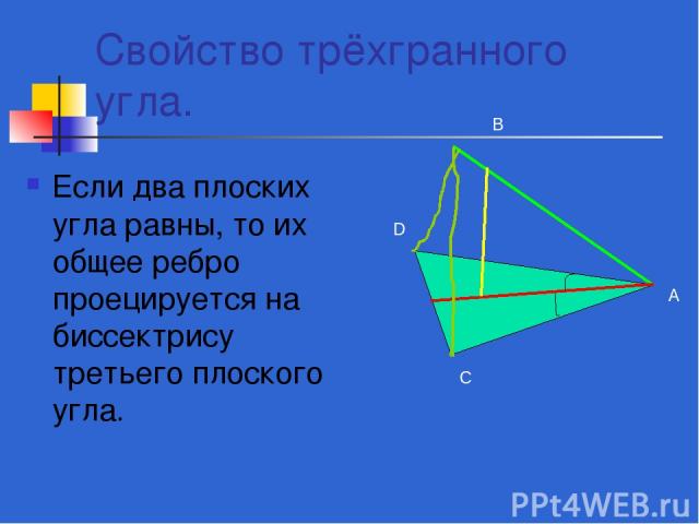 Свойство трёхгранного угла. Если два плоских угла равны, то их общее ребро проецируется на биссектрису третьего плоского угла. А В С D