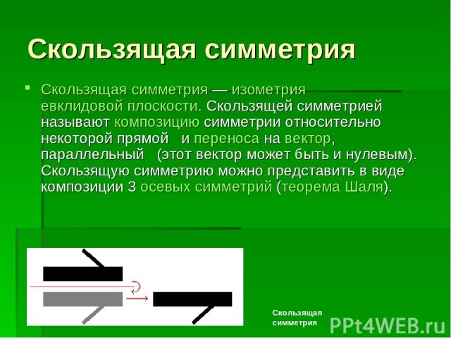 Скользящая симметрия Скользящая симметрия — изометрия евклидовой плоскости. Скользящей симметрией называют композицию симметрии относительно некоторой прямой и переноса на вектор, параллельный (этот вектор может быть и нулевым). Скользящую симметрию…