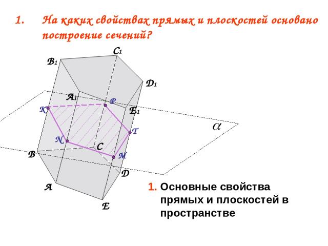 На каких свойствах прямых и плоскостей основано построение сечений? A B D E A1 C1 B1 D1 E1 C M T P N K Основные свойства прямых и плоскостей в пространстве