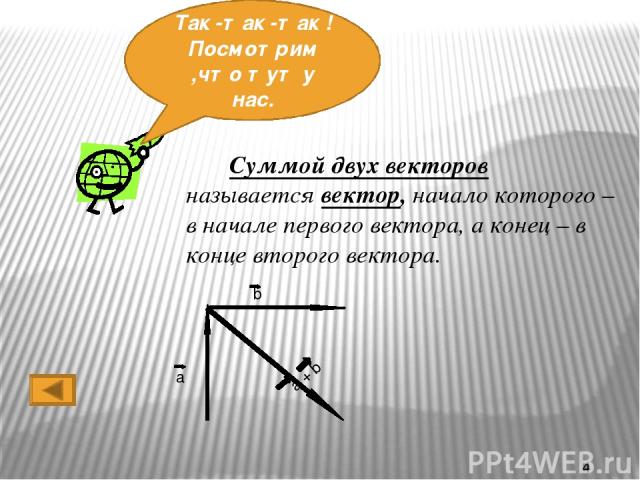 Первый Способ. Правило треугольника. От точки A отложим вектор AB. От точки B отложим вектор BC. Тогда вектор AC равен сумме векторов AB и BC. А В С АС = АВ + ВС