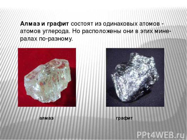 Алмаз и графит состоят из одинаковых атомов - атомов углерода. Но расположены они в этих мине- ралах по-разному. алмаз графит