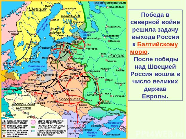 Победа в северной войне решила задачу выхода России к Балтийскому морю. После победы над Швецией Россия вошла в число великих держав Европы.