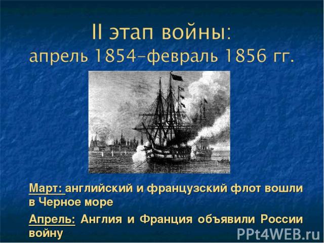 Март: английский и французский флот вошли в Черное море Апрель: Англия и Франция объявили России войну Сентябрь – Десант в Крыму