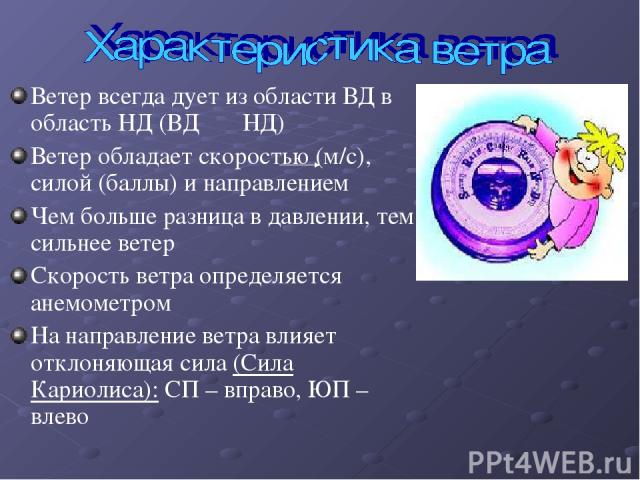 Ветер всегда дует из области ВД в область НД (ВД НД) Ветер обладает скоростью (м/с), силой (баллы) и направлением Чем больше разница в давлении, тем сильнее ветер Скорость ветра определяется анемометром На направление ветра влияет отклоняющая сила (…