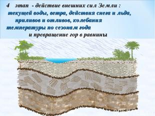 этап - действие внешних сил Земли : текущей воды, ветра, действия снега и льда,