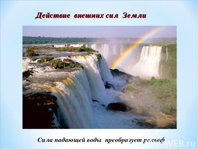 Действие внешних сил Земли Сила падающей воды преобразует рельеф