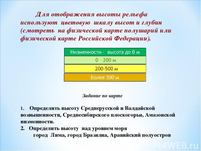 Для отображения высоты рельефа используют цветовую шкалу высот и глубин (смотреть на физической карте полушарий или физической карте Российской Федерации). Задание по карте 1. Определить высоту Среднерусской и Валдайской возвышенности, Среднесибирск…