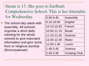 Susan is 13. She goes to Earlham Comprehensive School. This is her timetable for