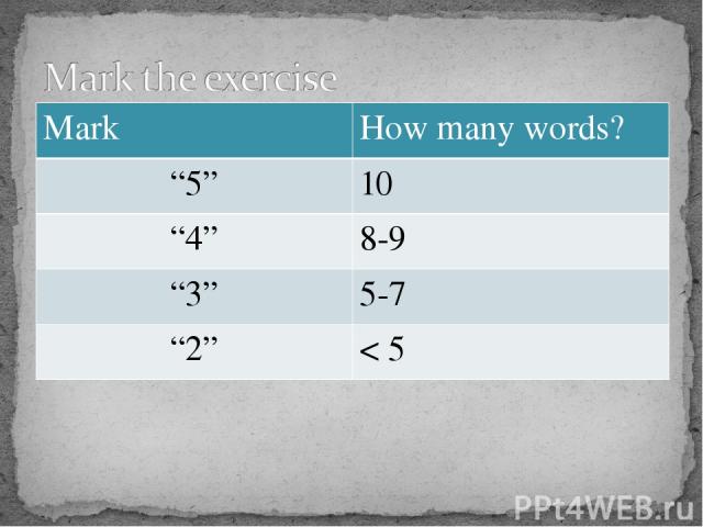 Mark How many words? “5” 10 “4” 8-9 “3” 5-7 “2” < 5