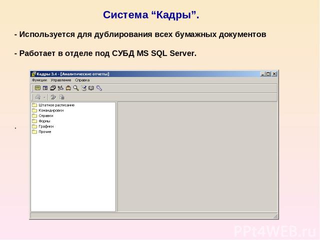 Система “Кадры”. . - Используется для дублирования всех бумажных документов - Работает в отделе под СУБД MS SQL Server.