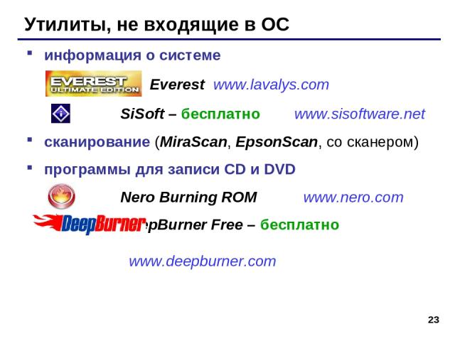 * Утилиты, не входящие в ОС информация о системе Everest www.lavalys.com SiSoft – бесплатно www.sisoftware.net сканирование (MiraScan, EpsonScan, со сканером) программы для записи CD и DVD Nero Burning ROM www.nero.com DeepBurner Free – бесплатно ww…