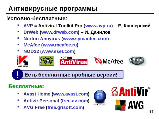 * Антивирусные программы AVP = Antiviral Toolkit Pro (www.avp.ru) – Е. Касперский DrWeb (www.drweb.com) – И. Данилов Norton Antivirus (www.symantec.com) McAfee (www.mcafee.ru) NOD32 (www.eset.com) Условно-бесплатные: Бесплатные: Avast Home (www.avas…