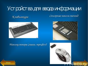 Устройства для ввода информации Клавиатура Сенсорные панели тачпад Манипуляторы