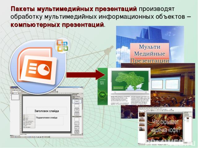 Пакеты мультимедийных презентаций производят обработку мультимедийных информационных объектов – компьютерных презентаций.