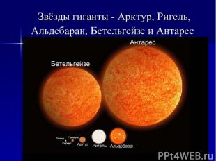 Звёзды гиганты - Арктур, Ригель, Альдебаран, Бетельгейзе и Антарес