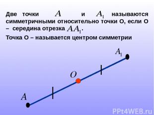 Две точки и называются симметричными относительно точки О, если О – середина отр