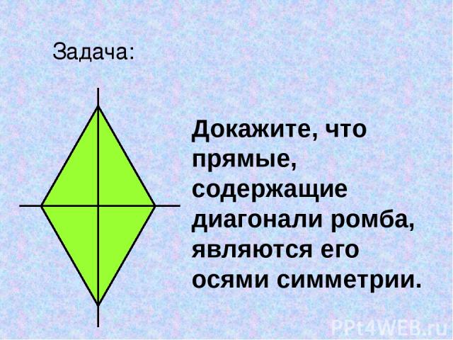 Задача: Докажите, что прямые, содержащие диагонали ромба, являются его осями симметрии.