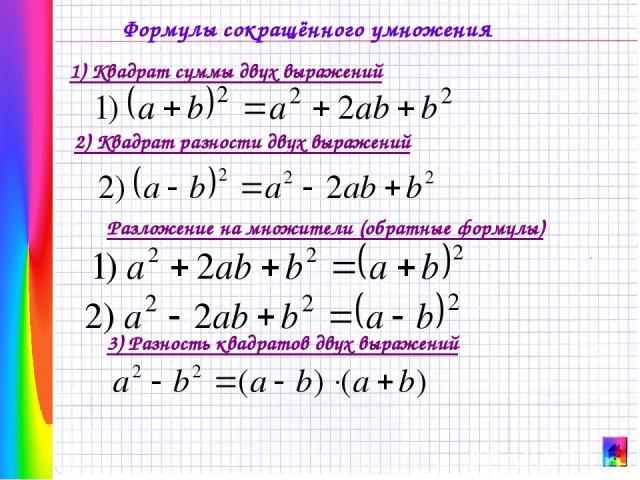 Формулы сокращённого умножения 1) Квадрат суммы двух выражений 2) Квадрат разности двух выражений Разложение на множители (обратные формулы) 3) Разность квадратов двух выражений