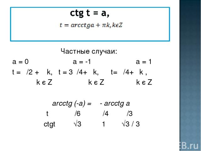 Частные случаи: а = 0 а = -1 а = 1 t = π/2 + π k, t = 3π/4+ πk, t= π/4+ πk , k є Z k є Z k є Z аrcсtg (-а) = π - аrcсtg а t π /6 π /4 π /3 ctgt √3 1 √3 / 3