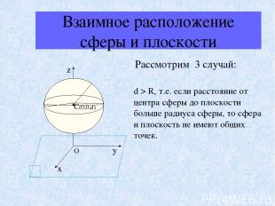 Взаимное расположение сферы и плоскости Рассмотрим 3 случай: d > R, т.е. если ра