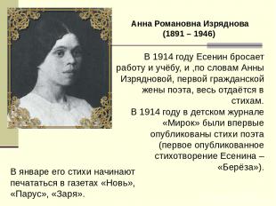 В 1914 году Есенин бросает работу и учёбу, и ,по словам Анны Изрядновой, первой