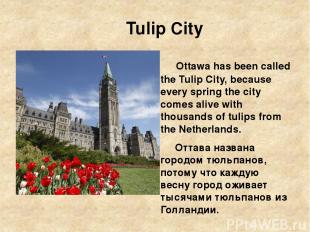 Tulip City Ottawa has been called the Tulip City, because every spring the city