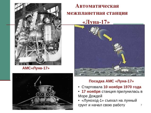 * Автоматическая межпланетная станция «Луна-17» Стартовала 10 ноября 1970 года 17 ноября станция прилунилась в Море Дождей «Луноход-1» съехал на лунный грунт и начал свою работу АМС«Луна-17» Посадка АМС «Луна-17»