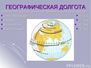 Определите долготу объектов: Санкт-Петербург Москва Владивосток Мыс Игольный ГЕО