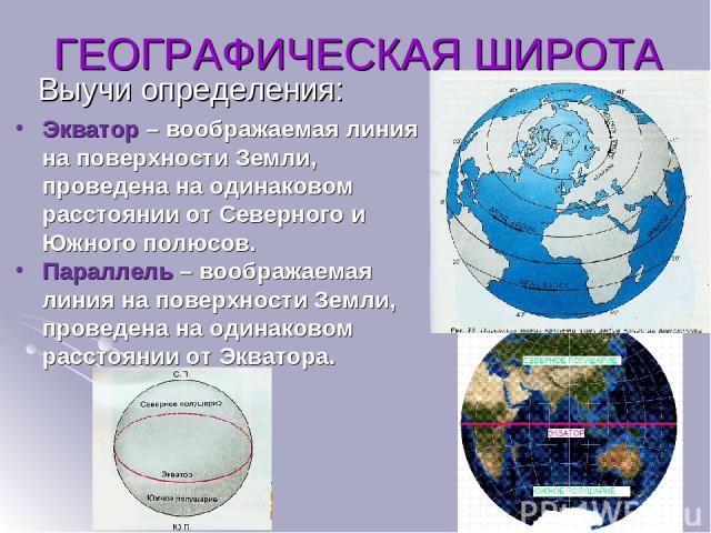 Выучи определения: ГЕОГРАФИЧЕСКАЯ ШИРОТА Экватор – воображаемая линия на поверхности Земли, проведена на одинаковом расстоянии от Северного и Южного полюсов. Параллель – воображаемая линия на поверхности Земли, проведена на одинаковом расстоянии от …