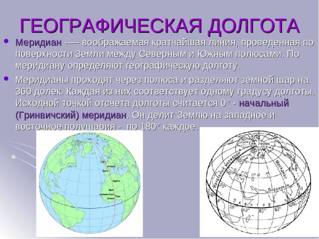 ГЕОГРАФИЧЕСКАЯ ДОЛГОТА Меридиан – воображаемая кратчайшая линия, проведенная по поверхности Земли между Северным и Южным полюсами. По меридиану определяют географическую долготу. Меридианы проходят через полюса и разделяют земной шар на 360 долек. К…