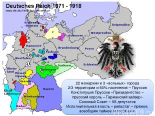 22 монархии и 3 «вольных» города 2/3 территории и 60% населения – Пруссия Консти