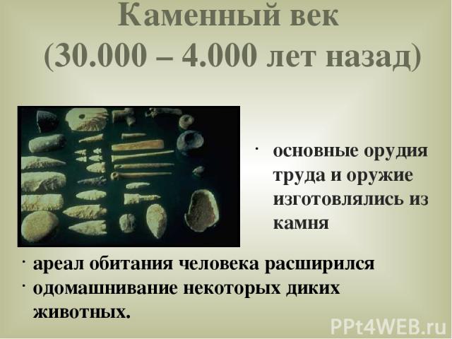 Каменный век (30.000 – 4.000 лет назад) основные орудия труда и оружие изготовлялись из камня ареал обитания человека расширился одомашнивание некоторых диких животных.