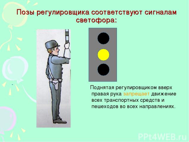 Позы регулировщика соответствуют сигналам светофора: - Поднятая регулировщиком вверх правая рука запрещает движение всех транспортных средств и пешеходов во всех направлениях.