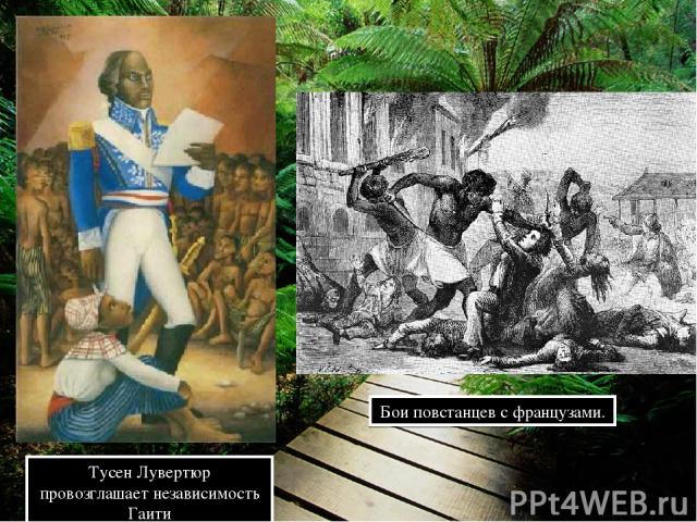Тусен Лувертюр провозглашает независимость Гаити Бои повстанцев с французами.