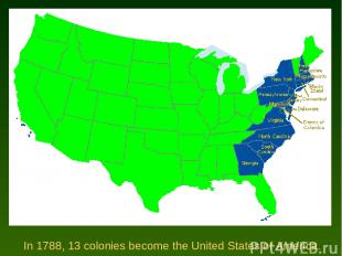 In 1788, 13 colonies become the United States of America.