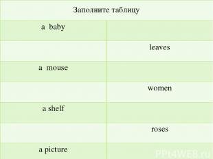 Заполнитетаблицу ababy leaves a mouse women a shelf roses a picture