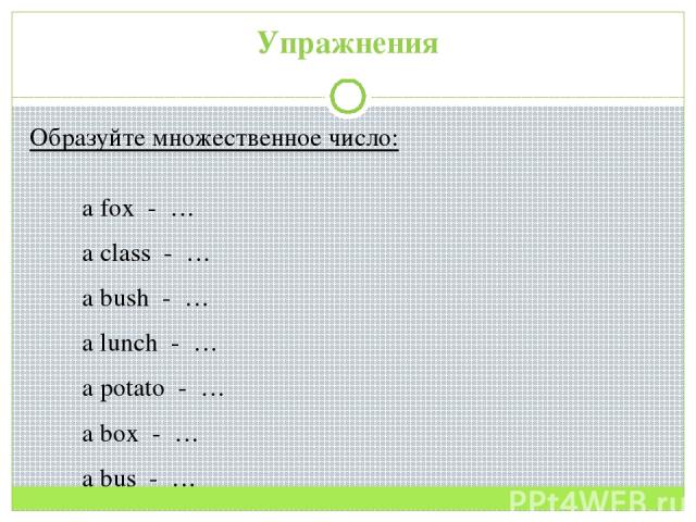 Упражнения Образуйте множественное число: a fox - … a class - … a bush - … a lunch - … a potato - … a box - … a bus - …