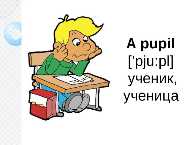 A pupil [’pju:pl] ученик, ученица