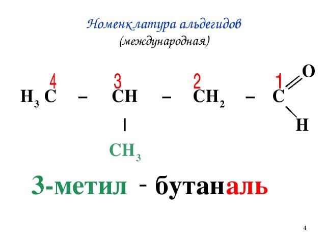 * Номенклатура альдегидов (международная) 3-метил - бутан аль O H3 C − CH − CH2 − C | H CH3