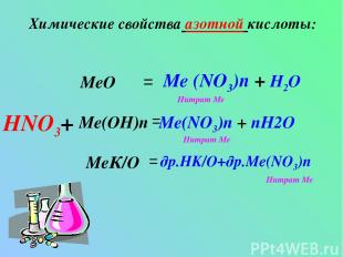 Химические свойства азотной кислоты: HNO3+ Me(OH)n MeК/О MeO = = = Me (NO3)n + H