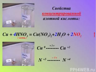 Свойства концентрированной азотной кислоты: Cu + 4HNO3 = Cu(NO3)2+2H2O + 2NO2 (