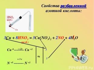 Свойства разбавленной азотной кислоты: 3Cu + 8HNO3 = 3Cu(NO3)2 + 2NO + 4H2O (раз