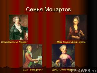 Семья Моцартов Отец Леопольд Моцарт Сын - Вольфганг Дочь – Анна-Мария Мать Мария