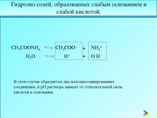 CH3COONH4 CH3COO– + NH4+ H2O O H– H+ + Гидролиз солей, образованных слабым основ